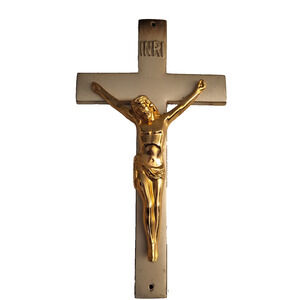Religious Crucifix INRI Wall Hanging Jesus Gold & Silver Metal Cross 7.5 x 4.25"